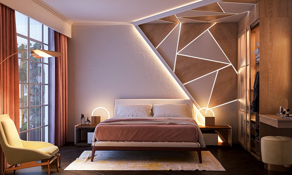 Geometric patterns for your bedroom wall texture to give a nice retro appeal