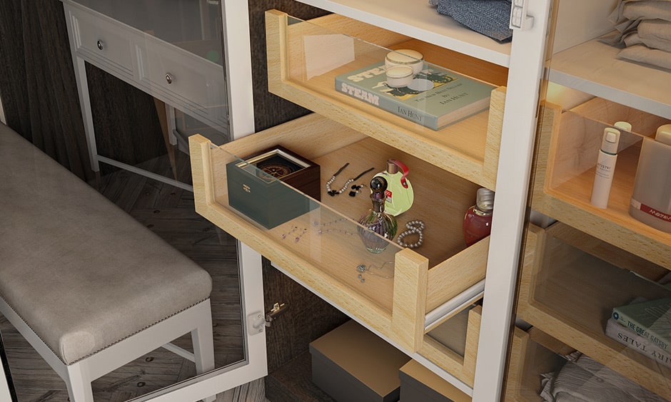 Use glass drawers as a compartment for wardrobe to keep your everyday essentials - innerwear, socks, daily watch