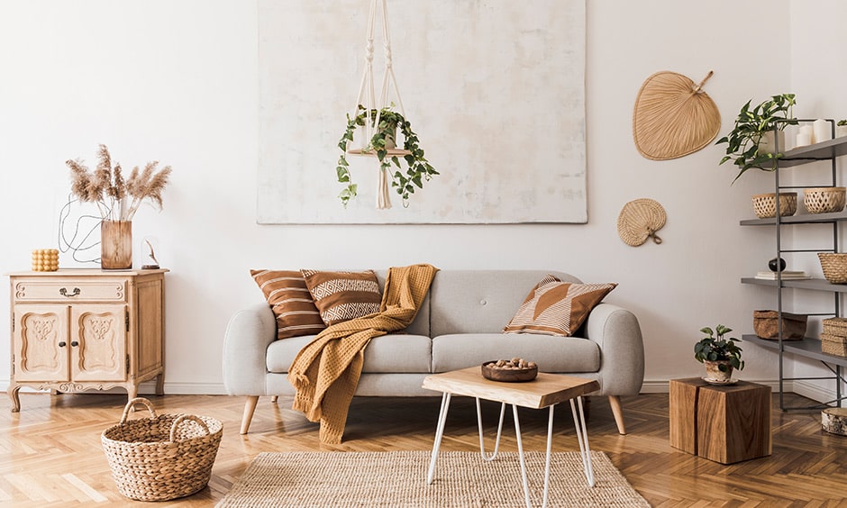 Leafy decor of hanging plants and pots indoors for brown colour room