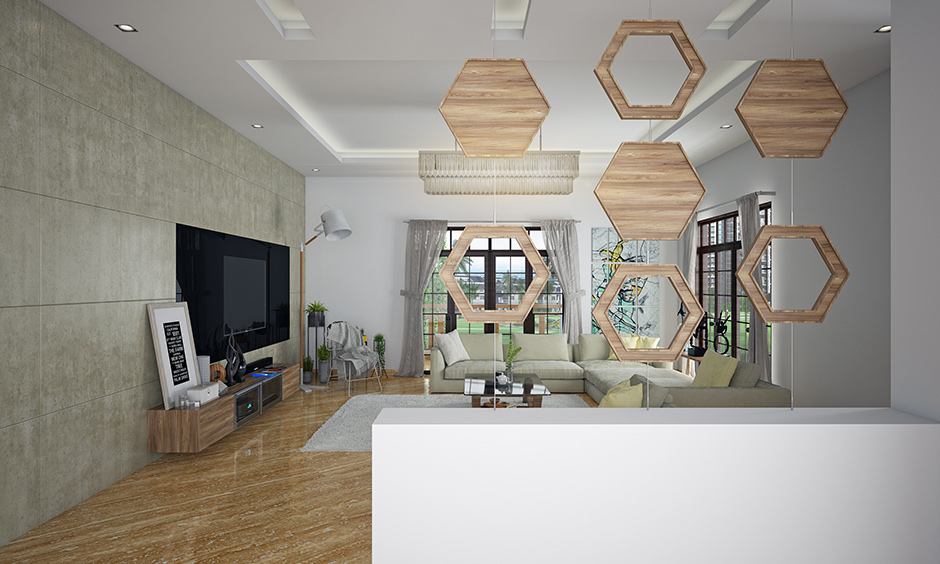 Beautifully designed hexagon shaped wooden room dividers gives a 3D look to your room divider design.