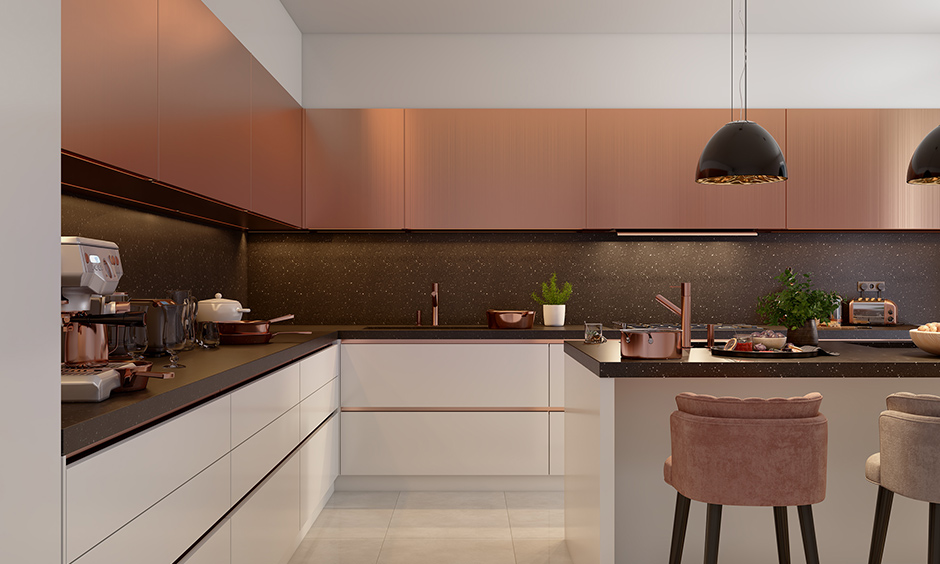 Latest kitchen design trends with copper accents with lights, furniture and decor items 