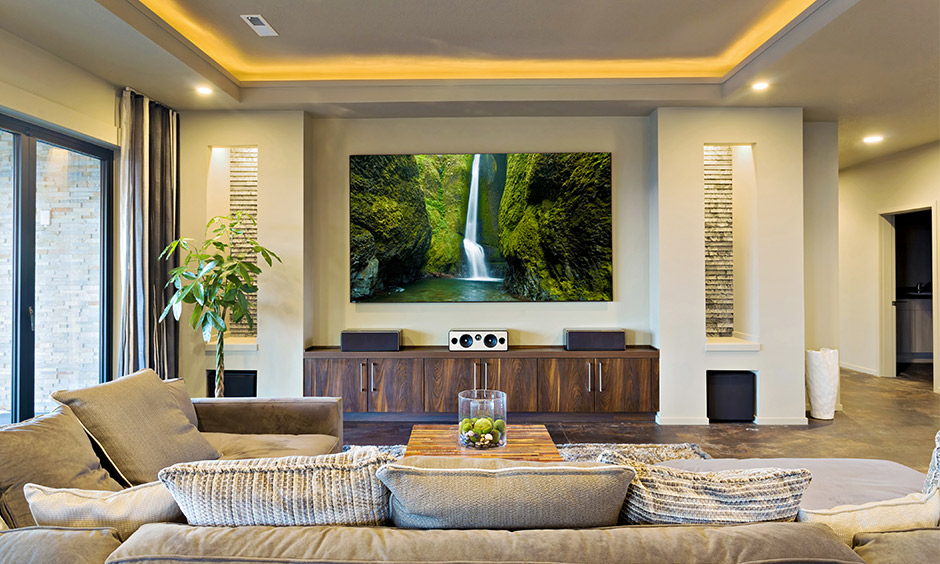 Home theater design ideas rustic, earthy touch with wooden interior and plants are apt for family movie nights.