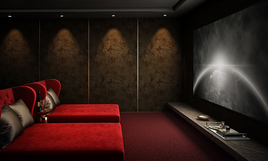 Home theater design ideas with double daybeds in the romantic colour of red and walls of grey will be fantastic.