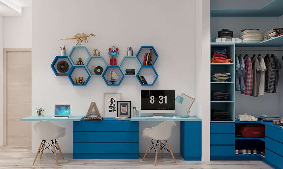 Blue coloured kids storage unit option is a perfect and tall unit with shelves which neatly merges.