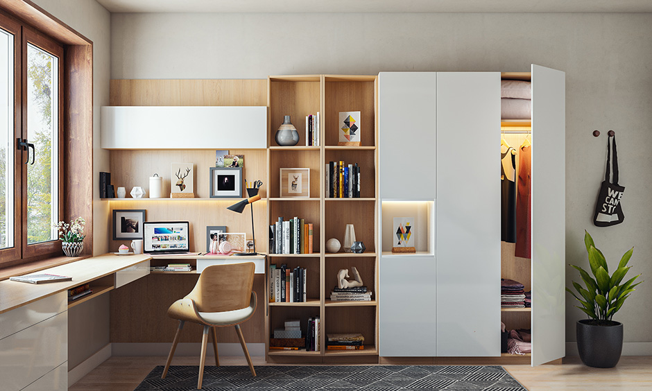 latest study room design with the window with ample lighting extended ledge table and open box cabinets