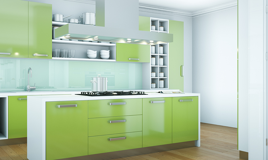 Green kitchen cabinets with a white countertop are a good idea as this colour believed to ease feelings of nervousness.