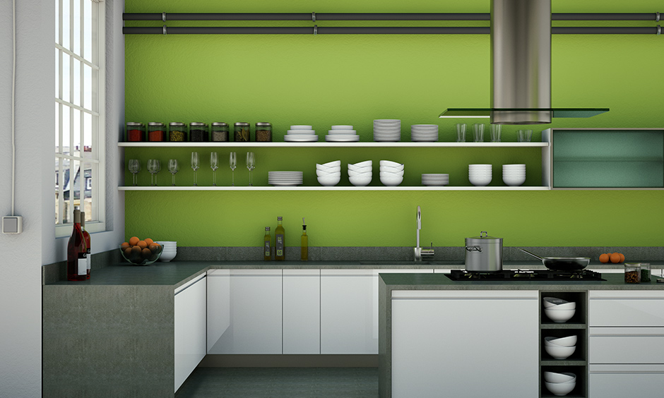 Lime green kitchen walls with light brown kitchen units and countertops will give the area an expansive feeling.