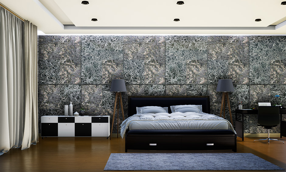 Maroon accent wall bedroom which transforms a rooms wall with its bold patterns using tiles