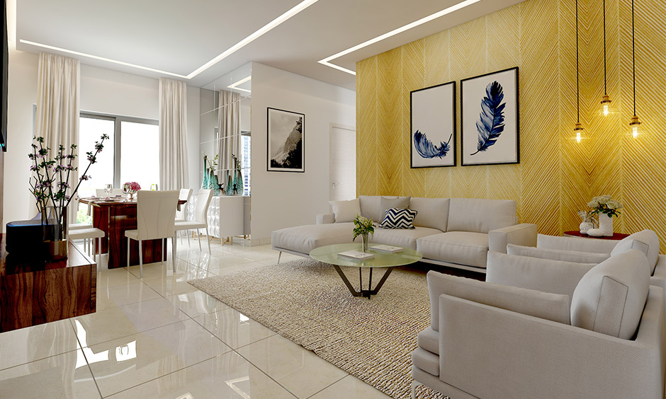 Minimalist living room small space with  sofa set, curtains and other finishes follow a monochrome scheme 