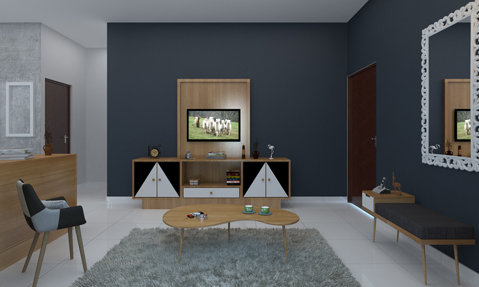 minimalist living room without sofa with wood inspired designs and a cozy coffee table, tv cabinet and chair