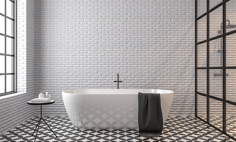 Modern black and white bathroom design with wall tiles and beautiful black and white bathroom floor tiles