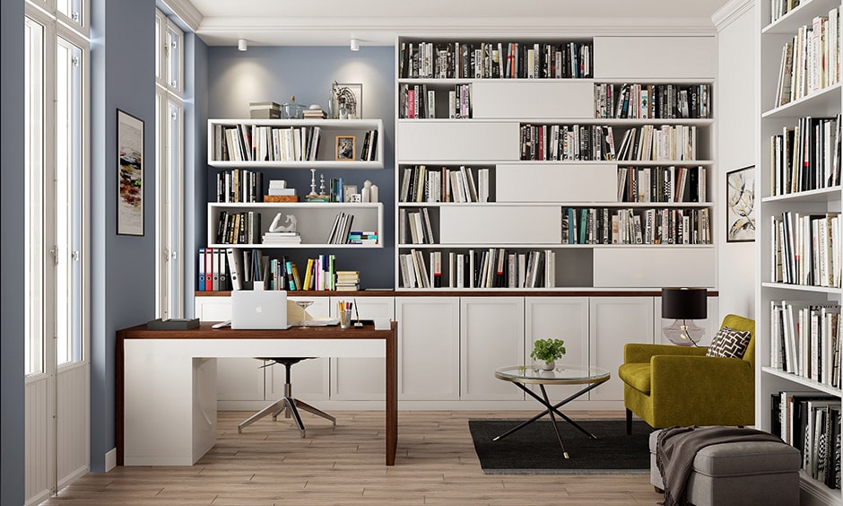 Modern bookshelf decor with a lot of storage cabinets for stationery and documents