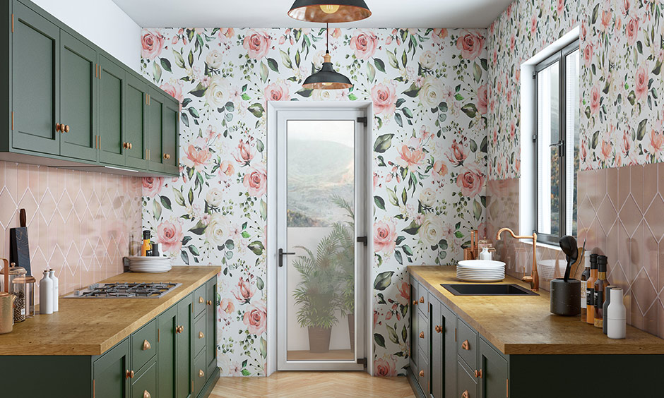 New kitchen design trends with wallpaper which are resistant to heat, water and grease