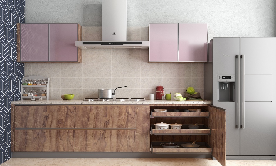 White kitchen with pink and wooden rustic cabinet design creates a very earthy aesthetic