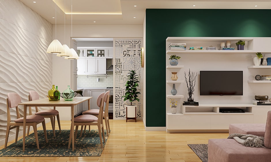 Modern style dining room colour combination with crisp white and mauve coloured chairs