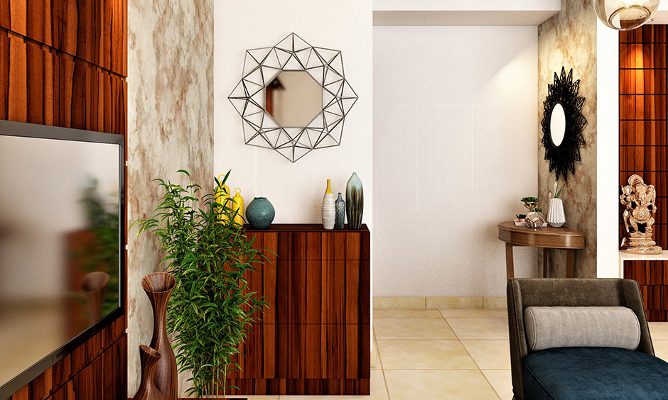 Wall design with mirror octagonal-shaped is edgy, unique and adds charm to space.