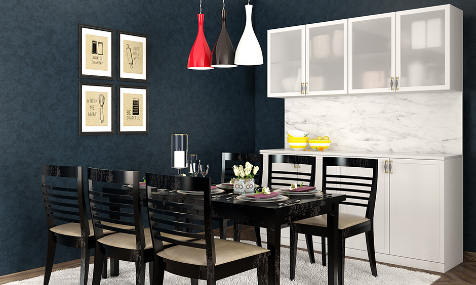 Hanging lights for the dining room in solid red, black and white are the perfect match for rectangle dining tables.