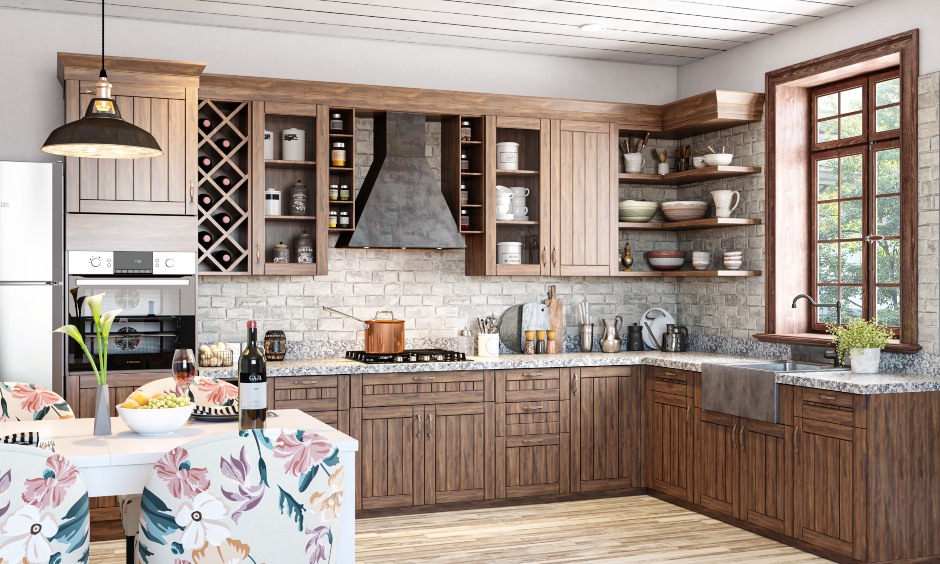 A modern farmhouse style kitchen with traditional wooden cabinets and brick wall backsplash offer an earthy charm