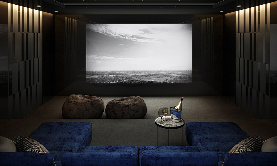 Designing a home theatre room choice that gives you an outdoor movie feel with a false ceiling intended to have lights to replicate stars.