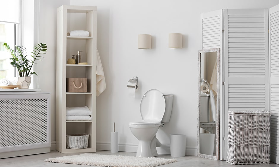 Tall modern bathroom shelves in white colour is a perfect fit in any bathroom