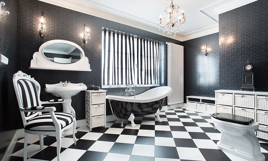 Vintage black and white bathroom ideas with black and white floor tiles