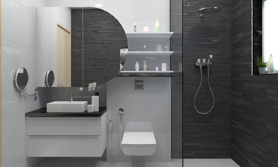 Wall mounted bathroom shelves for two-toned bathroom design