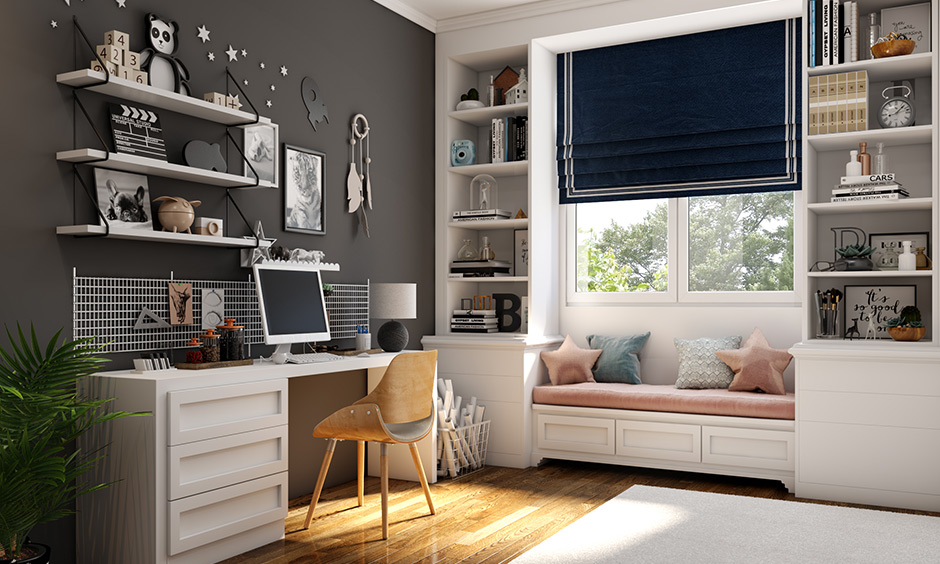 White and grey study room color combination for modern and sophisticated.