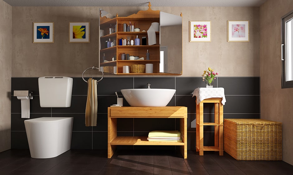 A wooden bathroom shelves mounted on the wall