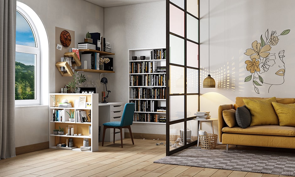 Cubicle decor with a wall mounted bookshelf