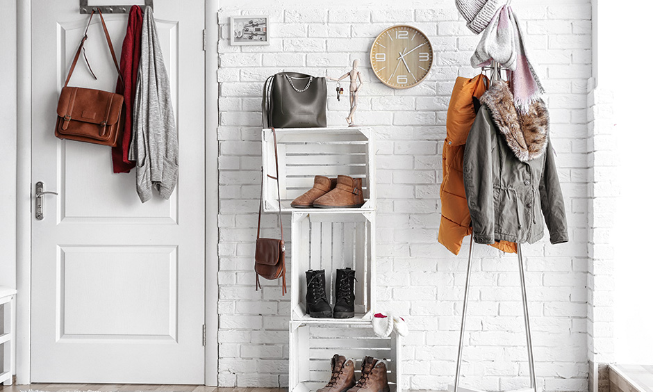 DIY shoe rack design ideas all you need is fruit crates, nails or adhesive and some spray paint.