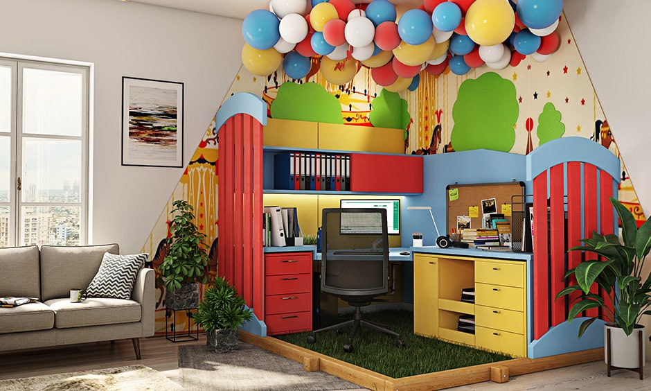 Cubicle decor ideas with a ceiling full of balloons and a wall full of colour