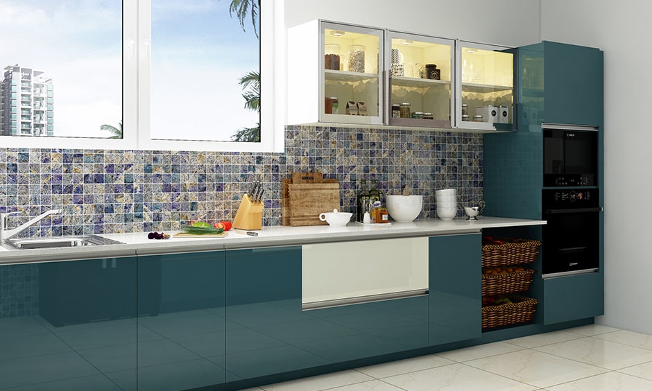 Glass kitchen cabinet doors in aqua blue kitchen design for easy to access and clean