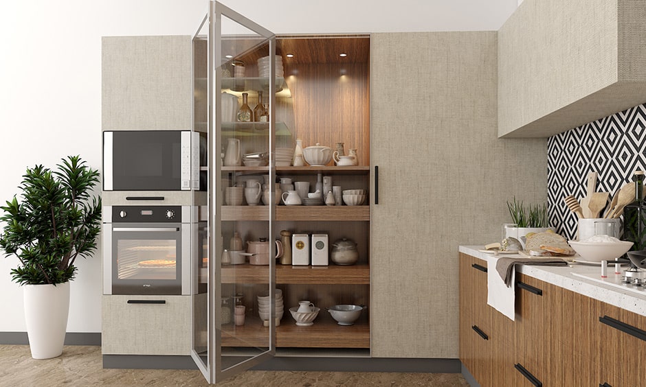 Glass kitchen cabinets with tall unit to storage for your best collection of crockery