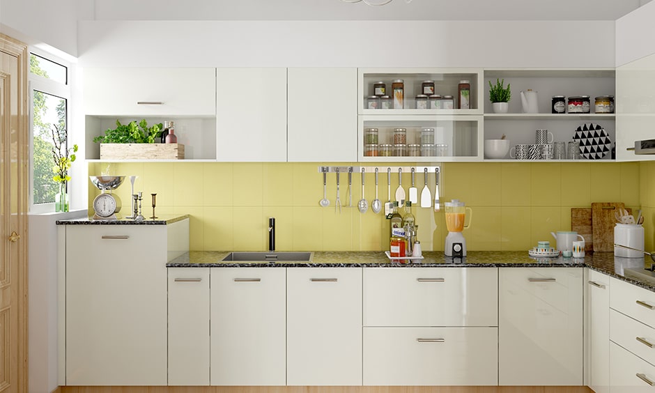 Kitchen cabinet glass design in yellow and white modern kitchen