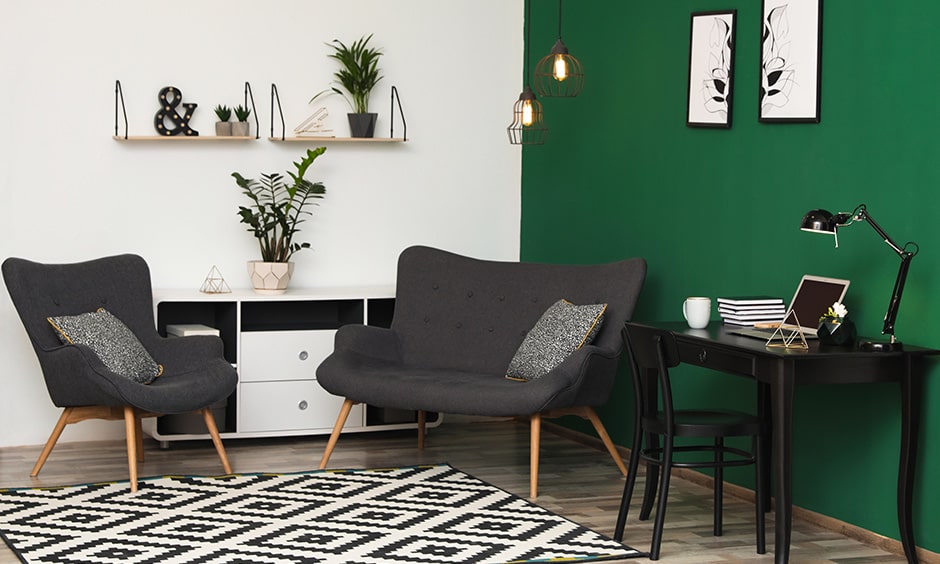 Green living room walls create a minimalist style living room design