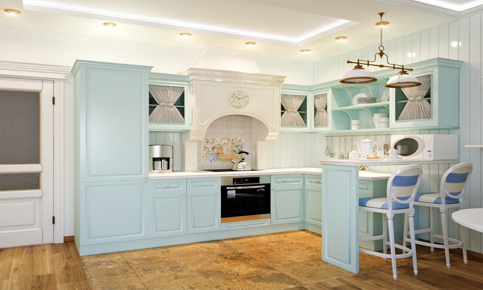 Country kitchen design in pastel with a breakfast counter attached to the island looks rustic