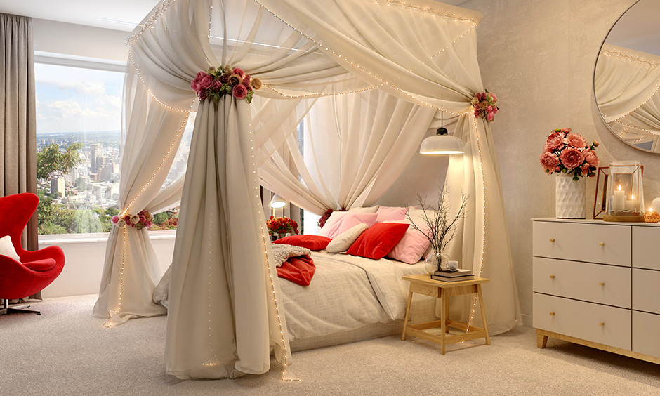 This canopy romantic cosy fairy lights bedroom is a highlight with soft lighting, and a white pendant light enhances it.