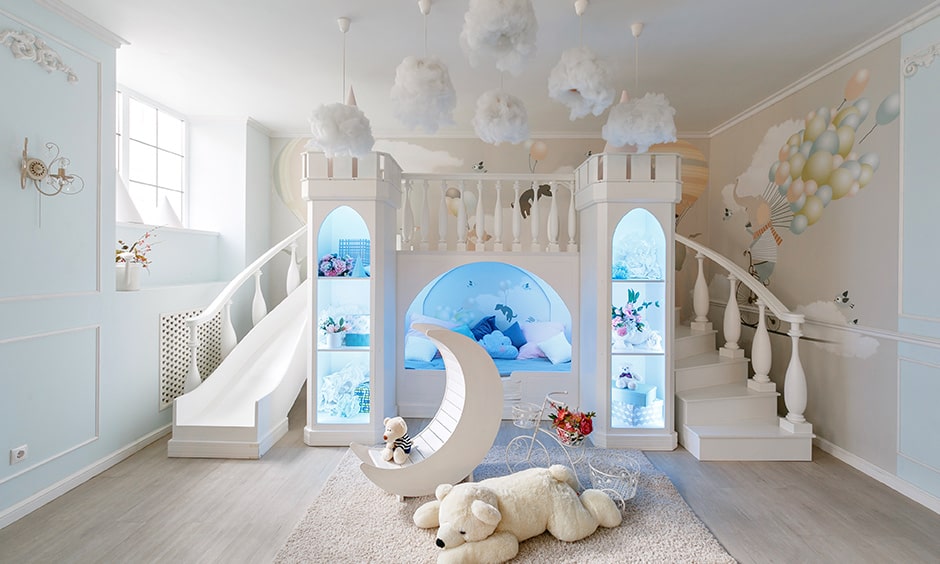 Kids playroom with an indoor slides from one area to another