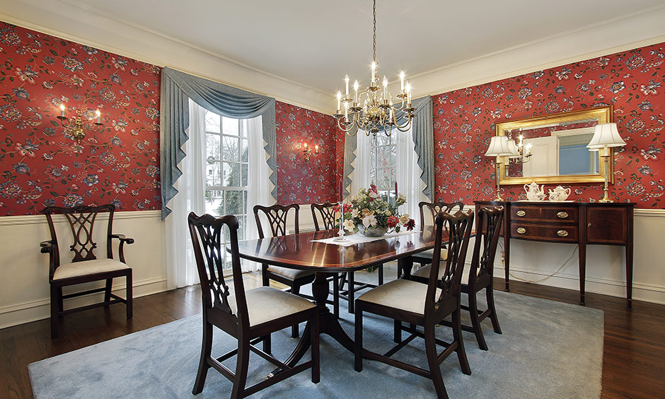 Wallpaper for dining room in India with mix of two patterns