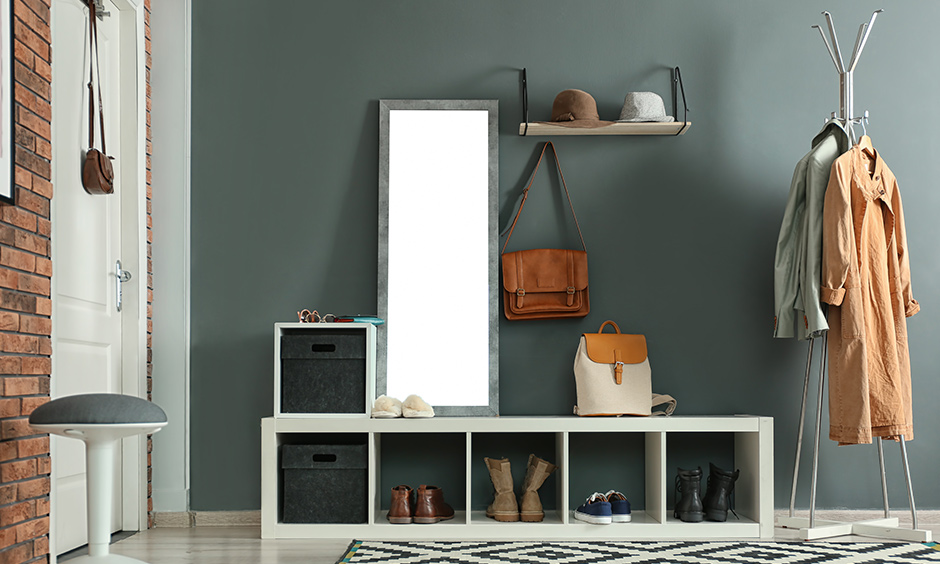 Modern open boxed shoe rack design with frame mirror is fun, and functional design can fit just right in your foyer area