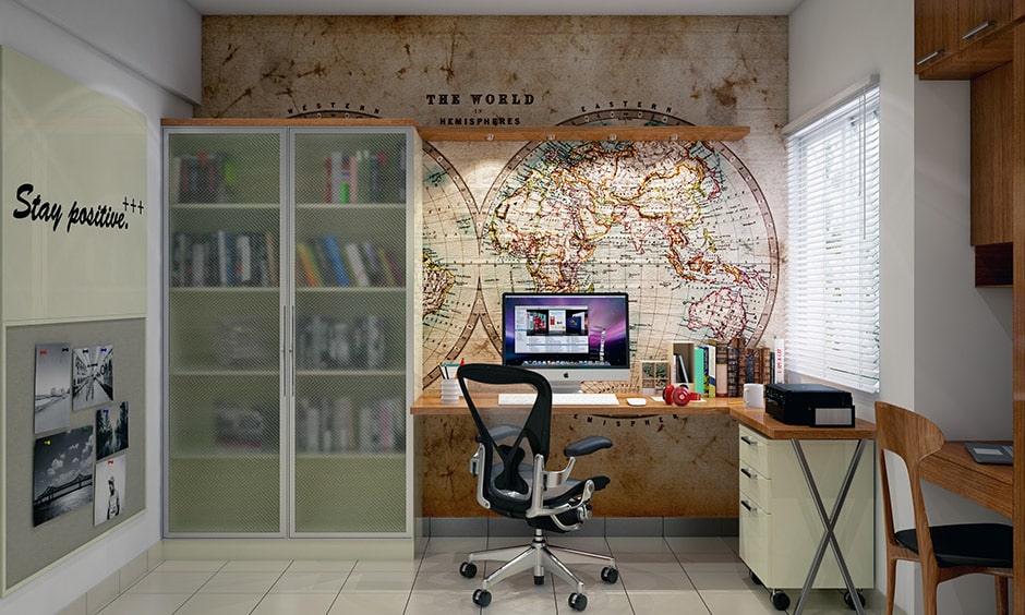 Modern student study table design with a backsplash of the world map