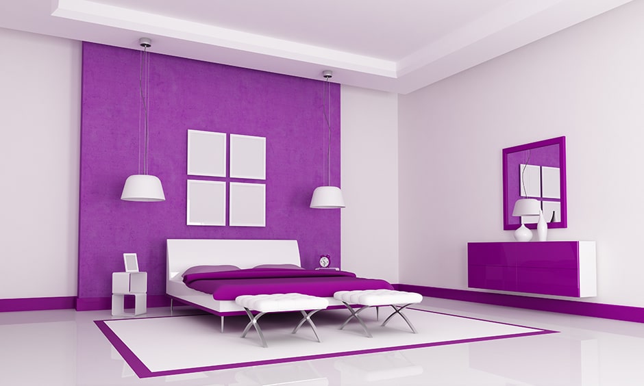 Purple two colour combination for bedroom walls with white interiors perfect for purple bedroom design