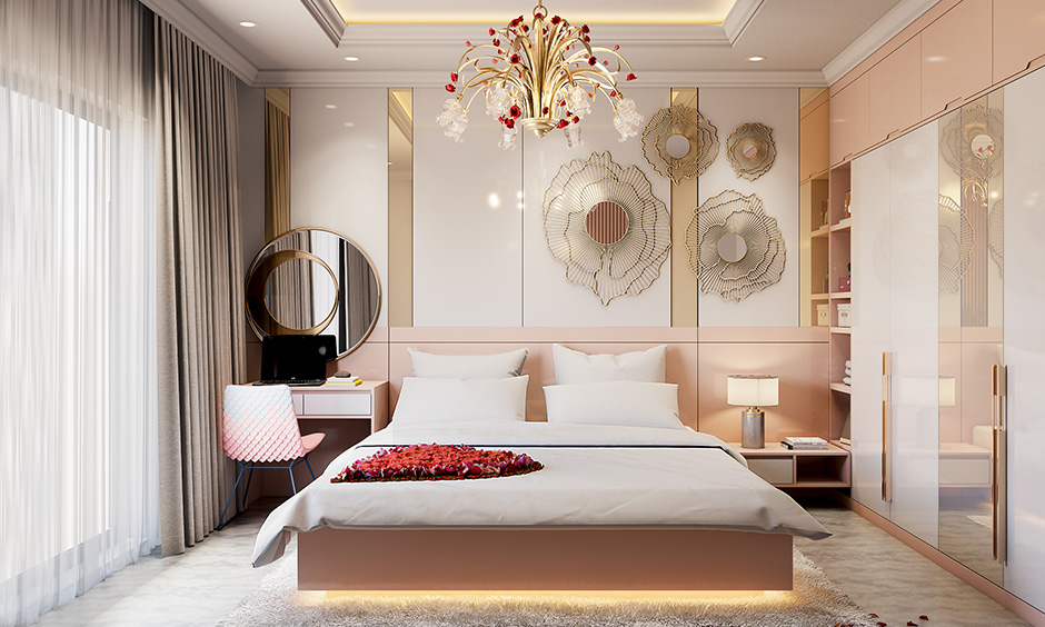 Romantic bedroom ceiling lights and the floor is a right combination of lighting with blooming lily-shaped chandelier.