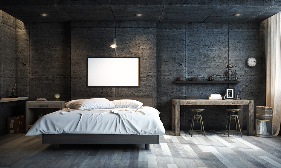 Romantic lighting combination of spotlights and recessed lights works well with industrial style and dark colour bedroom.