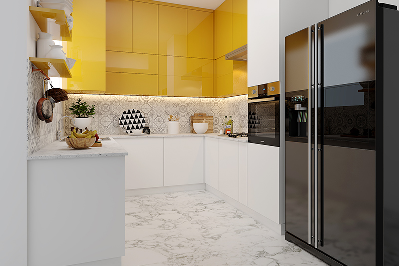 U shaped kitchen designs with open cabinets in high gloss laminate with white and yellow colour combination