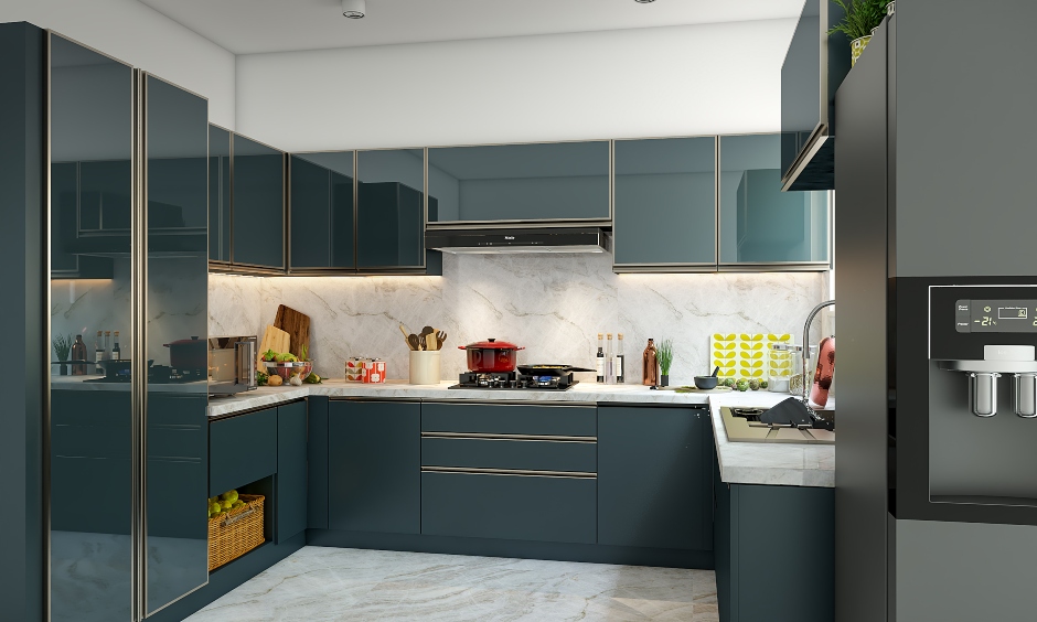 Sleek kitchen designed with a combination of teal cabinets and contrasting marble backsplash tiles