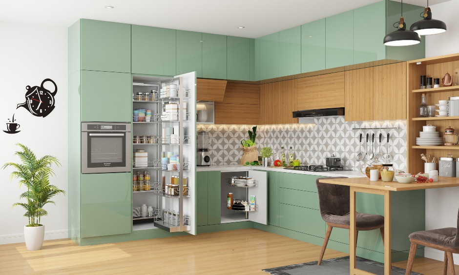 Sleek kitchen design with patterned backsplash tiles and wooden furniture make the kitchen look very eye-catching