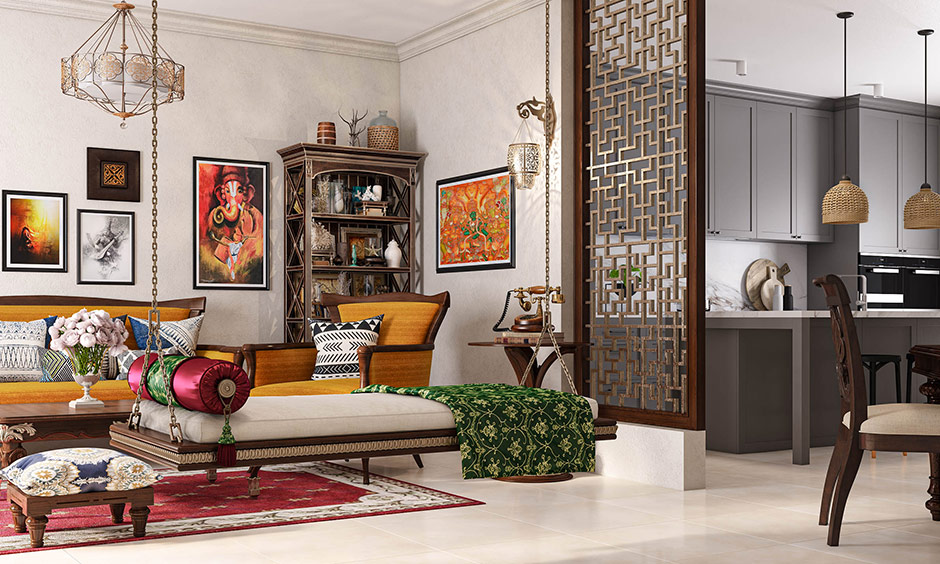 Traditional Indian interior design with wooden swing is a perfect addition in a modern home.