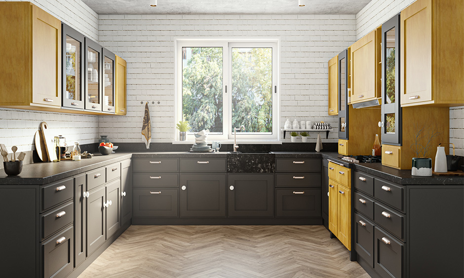 U shaped kitchen ideas with luxurious matte finishes of the cabinets and shelves and wooden floor finish