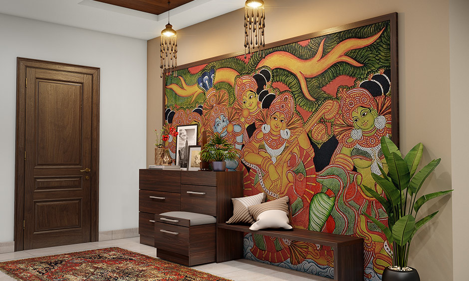 Wallpapers with traditional Indian symbols, motifs from mythology add an Indian traditional interior design touch.